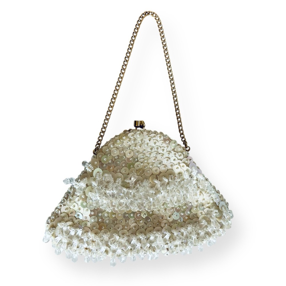 Vintage White Beaded Sequin Clutch Evening Bag Kiss Closure‎ Hong Kong Wedding - Picture 2 of 7